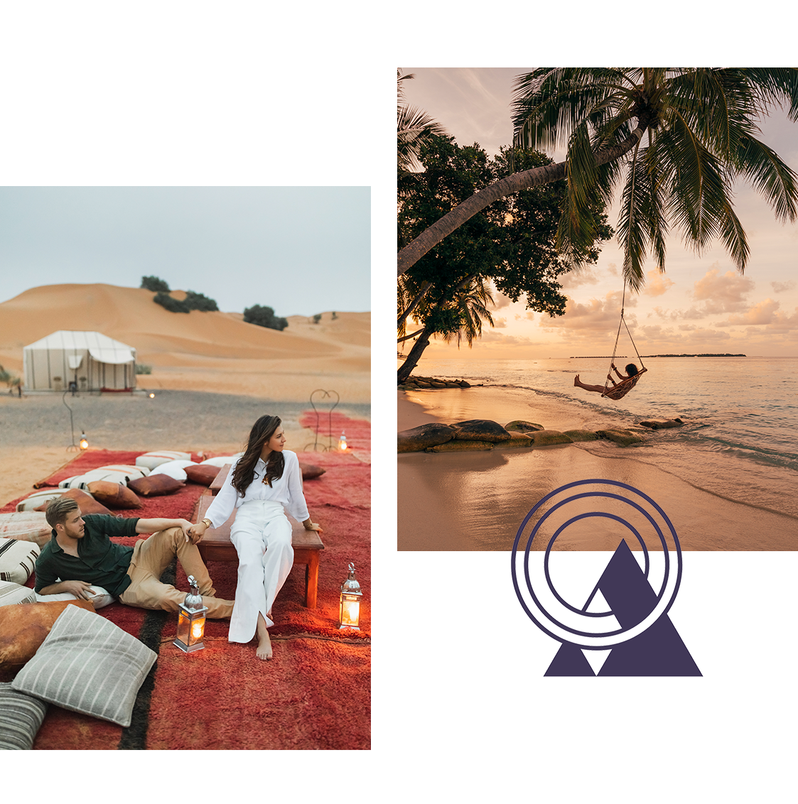 A couple at a luxury saharan resort and a woman on a beach swing at sunset.